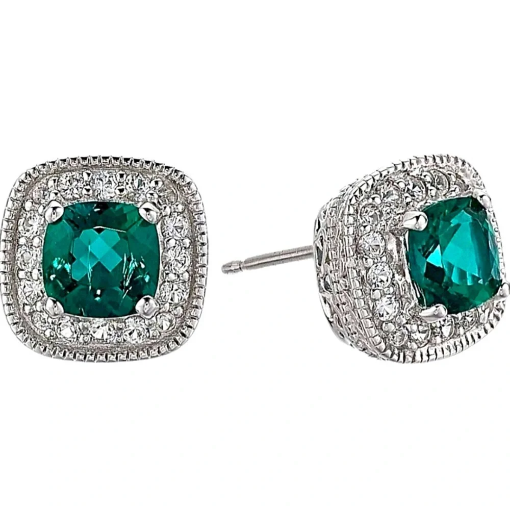 Emerald Green Cushion Halo Stud Earrings - Picture 1 of 4